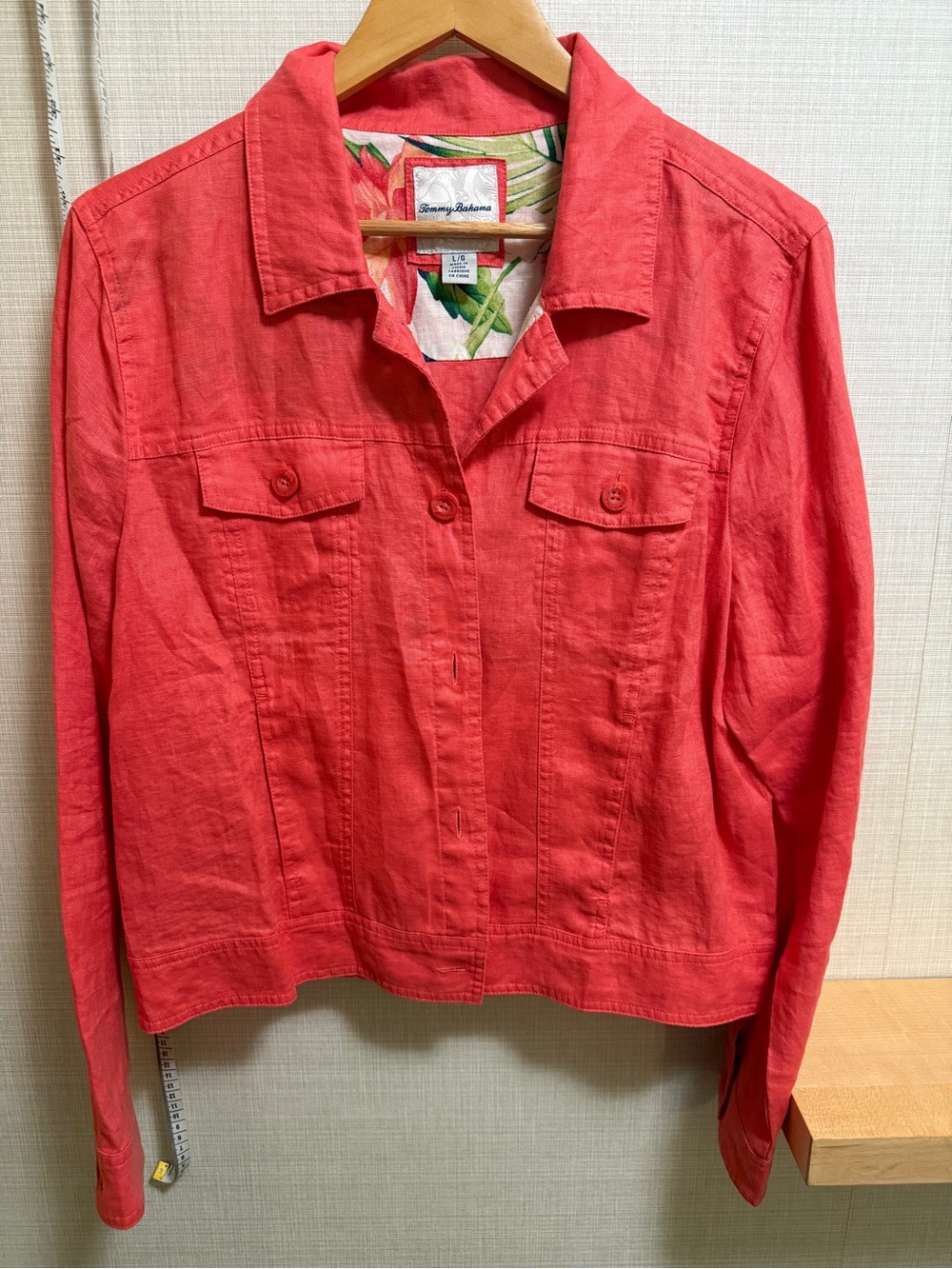 Tommy Bahama 100% Linen Jacket Large Coral Pink Button Front Resort Coastal